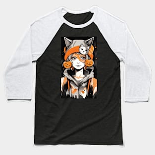 Anime Girl With Her Cat Hat Baseball T-Shirt